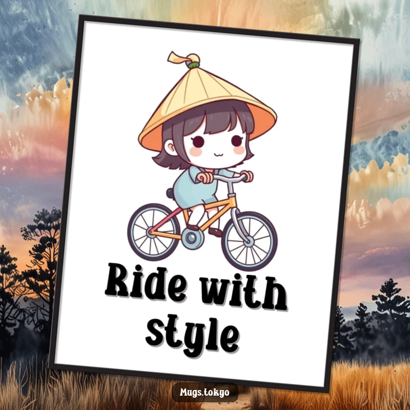 Funny poster showcasing a cute character in a tiny Japanese hat, joyfully riding a bicycle, a delightful and charming illustration for your wall.