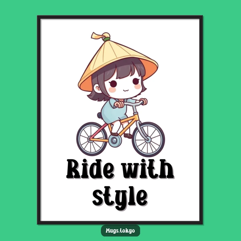 Funny Japanese Hat Bicycle Poster - Whimsical Travel Art Print Gift