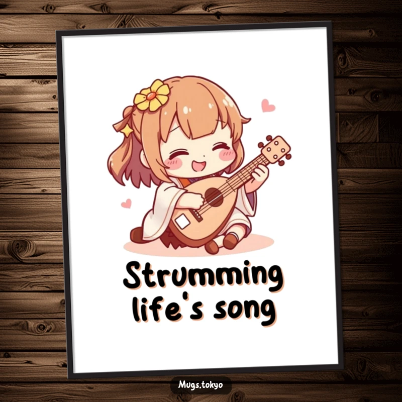 Funny shamisen player poster, a delightful character playing a miniature shamisen, adding a touch of humor and music to any room.