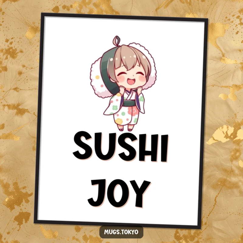 Funny poster print of a smiling character in a kimono holding a huge sushi roll, celebrating Japanese cuisine with joy.