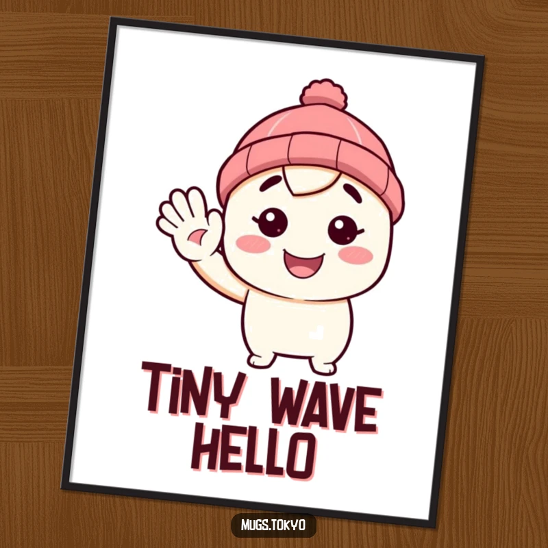 Funny poster featuring a character in a tiny beanie, waving hello with a smile. Quirky and humorous wall art.