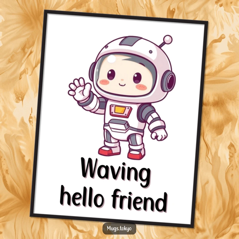 Funny poster art of a cute character in a miniature robot costume waving enthusiastically.