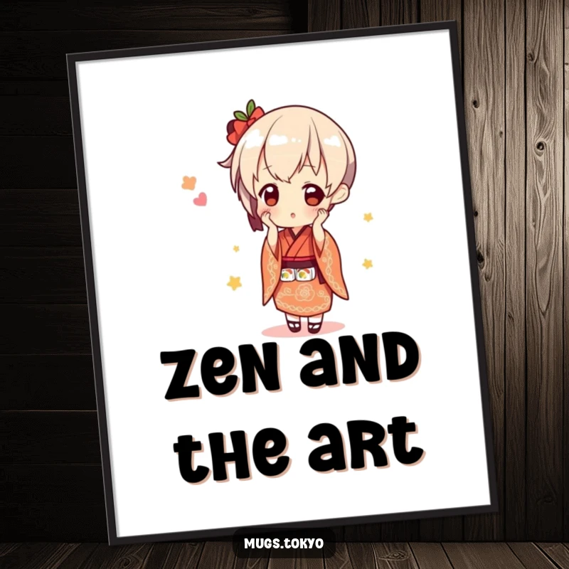 Funny cute character in a kimono, balancing sushi, a delightful and humorous poster print.