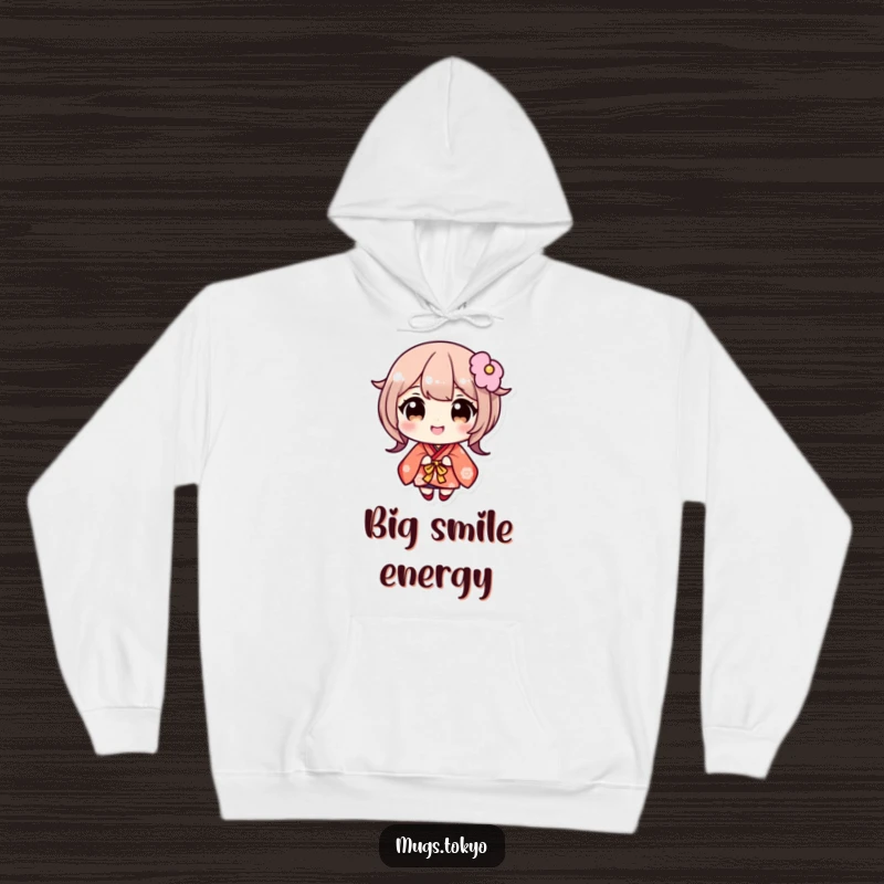 Funny hoodie featuring a cute character in a kimono, wide eyes, and a joyful, beaming smile. Comfortable and humorous wear.