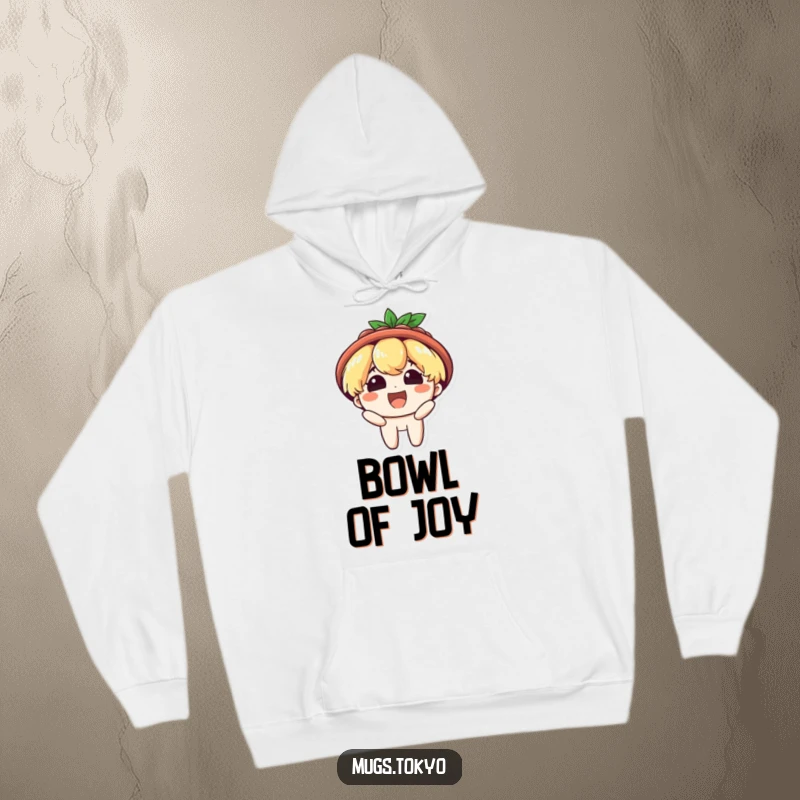 Funny hoodie with a character wearing a ramen bowl hat, beaming with delight. Cozy, food-themed, and humorous.