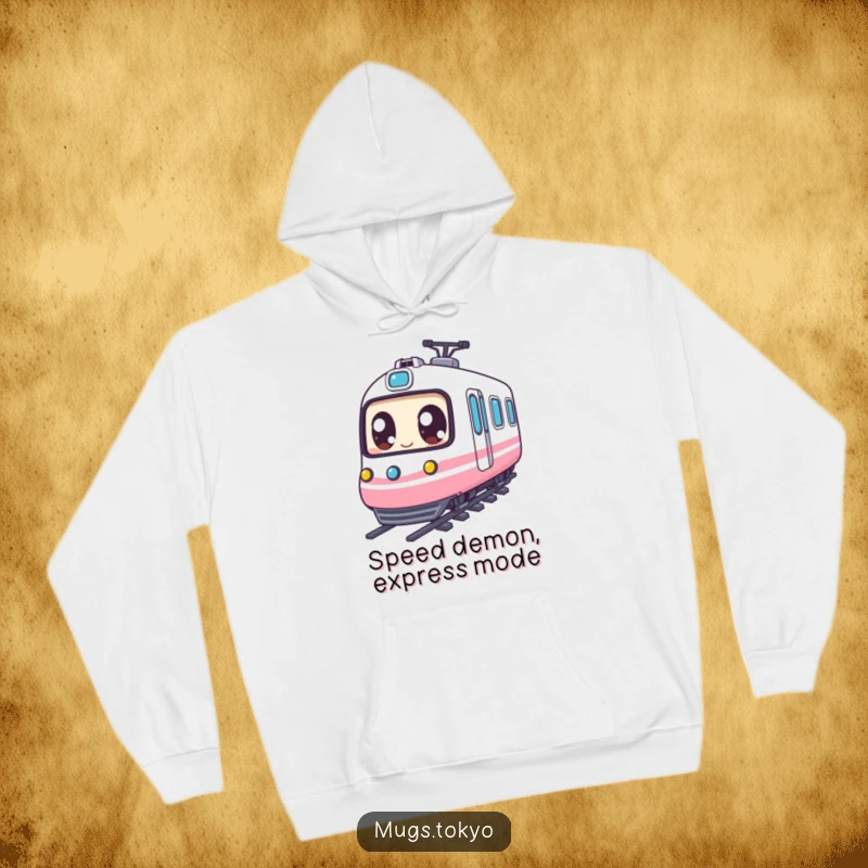 Funny Hoodie: Character with huge expressive eyes smiling while riding a miniature bullet train, symbolizing joy and adventure.