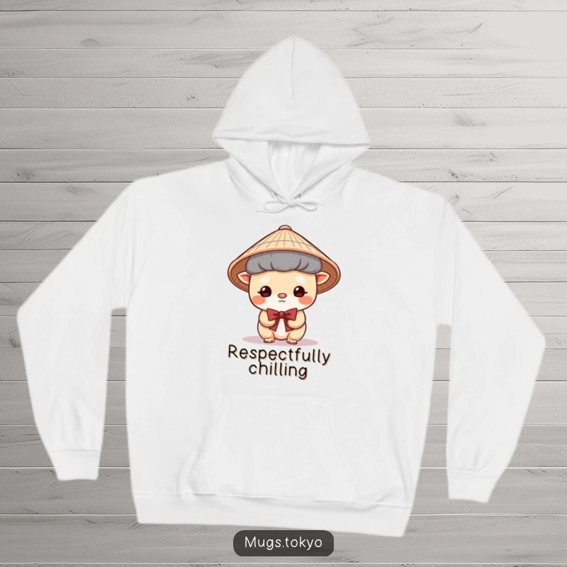 Funny Hoodie featuring a cute creature in a traditional Japanese hat, bowing shyly, embodying warmth, comfort, and understated cuteness.