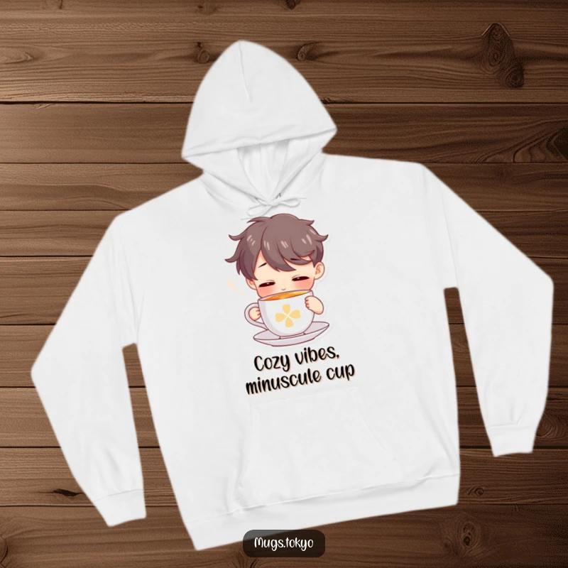 Funny hoodie featuring a character's peaceful moment sipping from a tiny, steaming tea cup, perfect for relaxation.