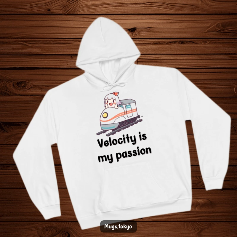 Funny hoodie showing a cute character joyfully speeding along on a small, whimsical bullet train.