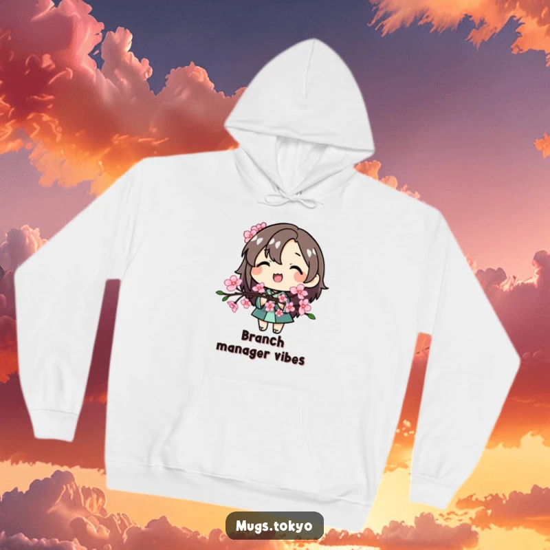 Funny Cherry Blossom Character Hoodie, a smiling character embracing a stylized cherry blossom branch, perfect for cool weather.