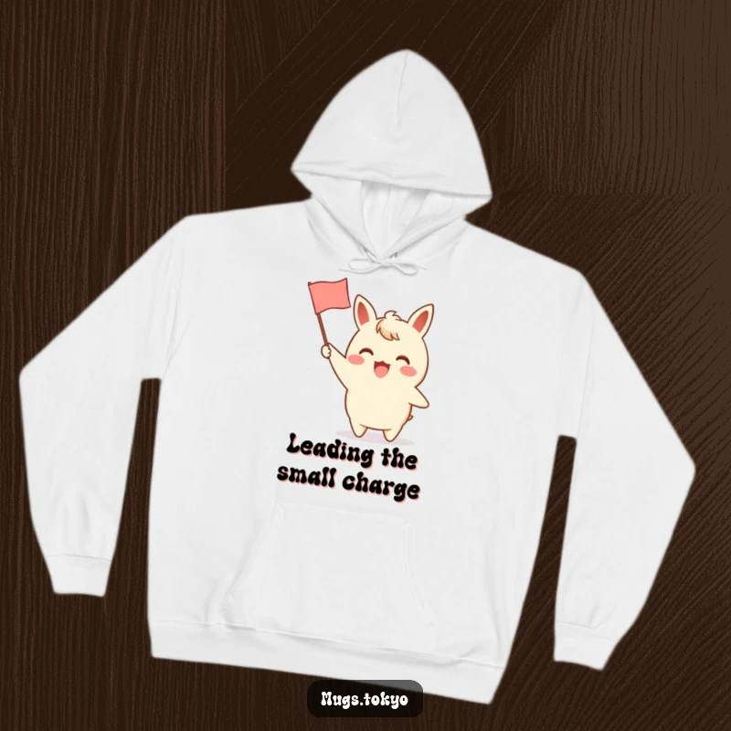 Funny hoodie featuring an excited character waving a small paper flag with a simple design, offering cozy comfort and cheerful energy.