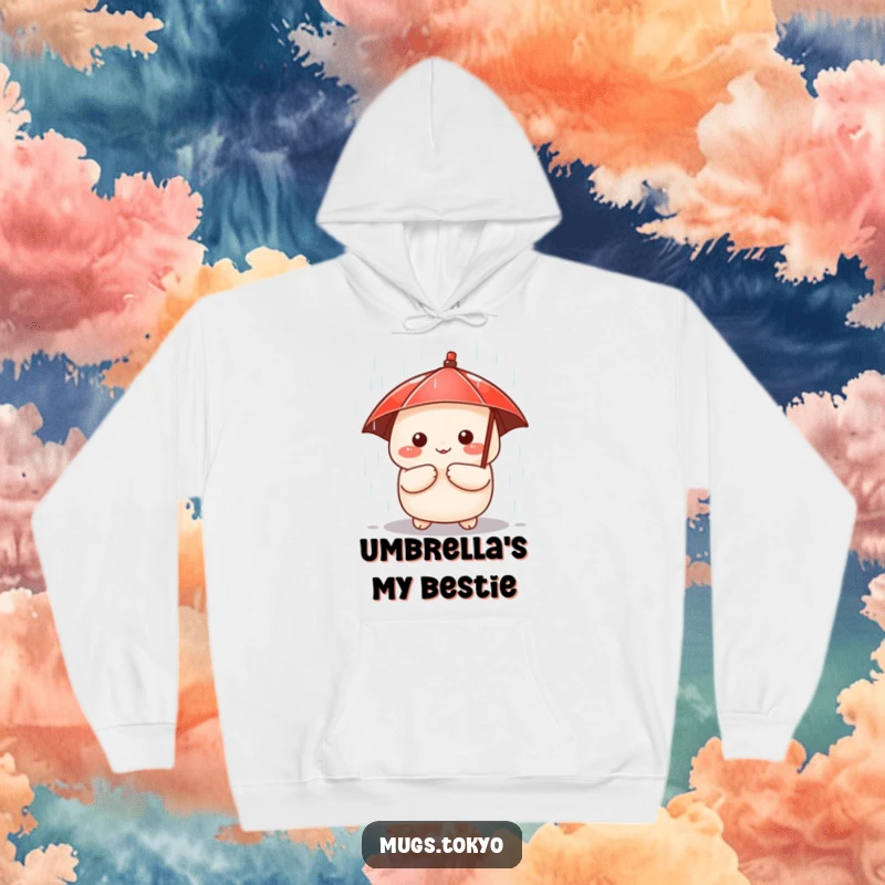 Funny hoodie featuring a cute dumpling character holding a tiny red umbrella, peeking out from the rain, offering warmth and humor.