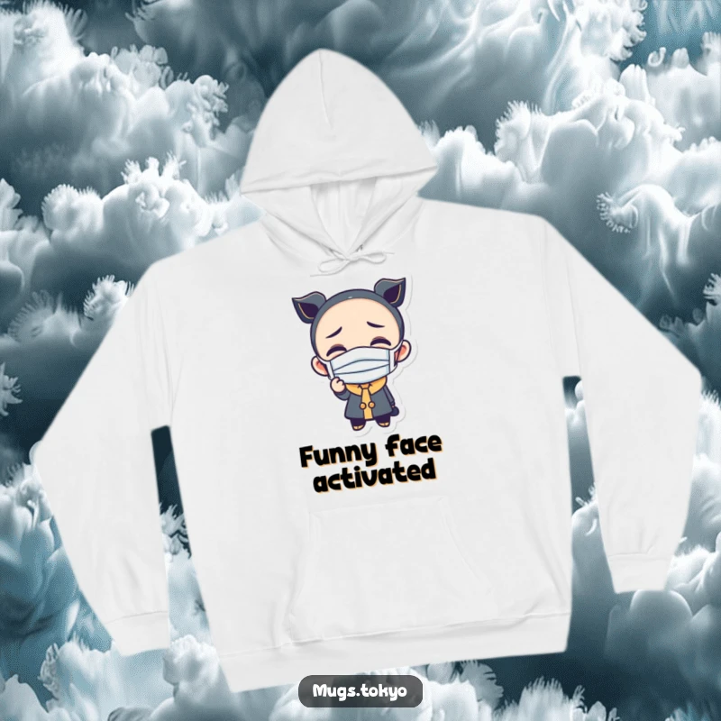 Funny hoodie showing a character wearing a tiny mask and making a comically amusing face, perfect for cozy laughs.