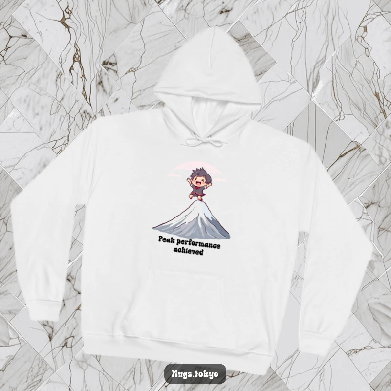 Funny Hoodie depicting a joyful character leaping over a stylized Mount Fuji, offering warmth and a humorous adventurous gift.