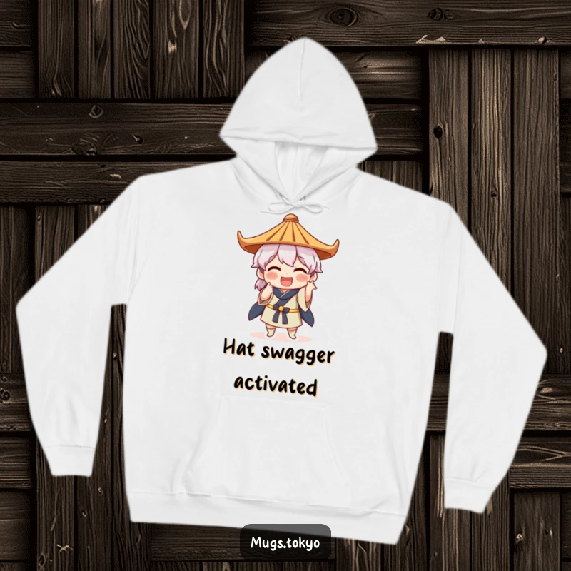 Funny hoodie depicting a character wearing a Japanese hat and striking a funny, memorable pose, offering warmth and humor.