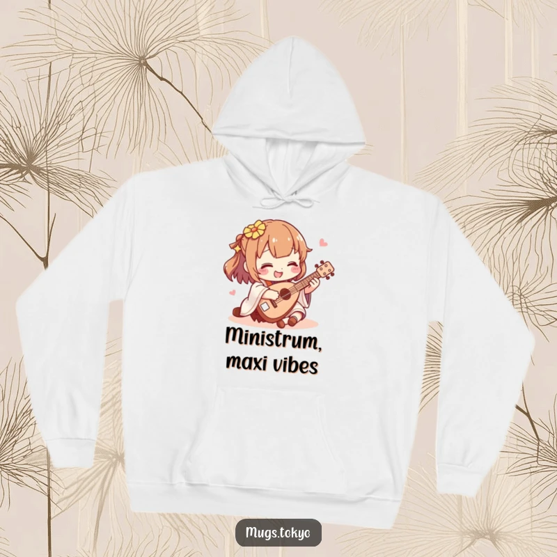 Funny shamisen player hoodie, featuring a happy character strumming a miniature shamisen, a warm and humorous apparel choice.