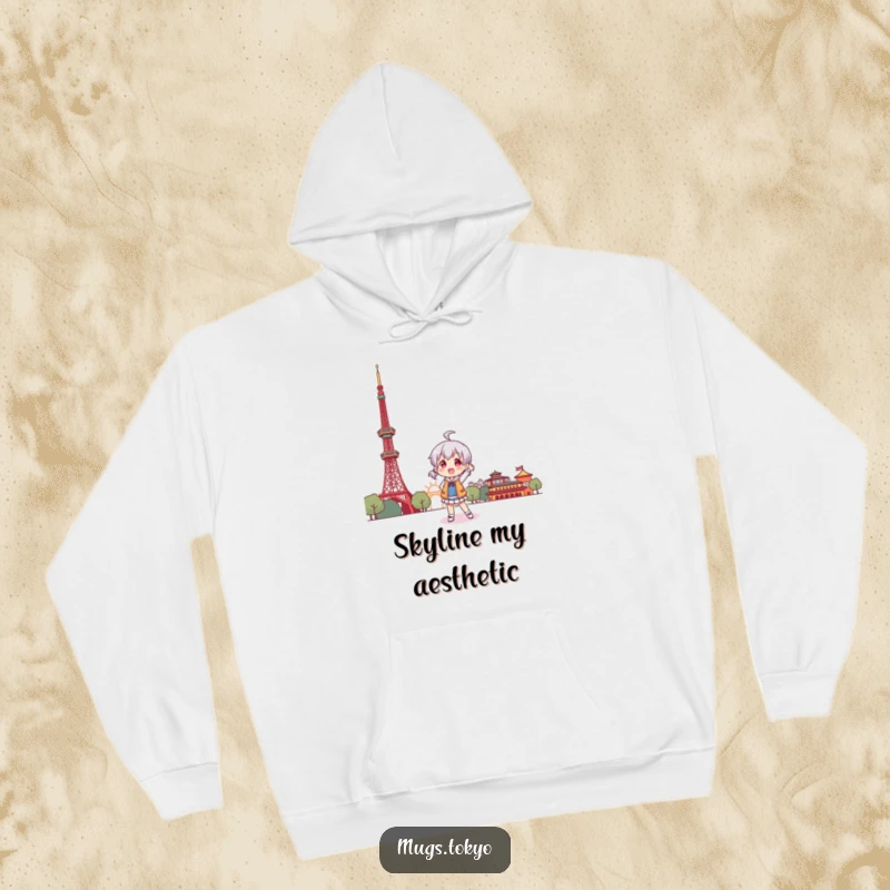 Funny hoodie featuring a character striking a humorous pose in front of a stylized, iconic Tokyo Tower.