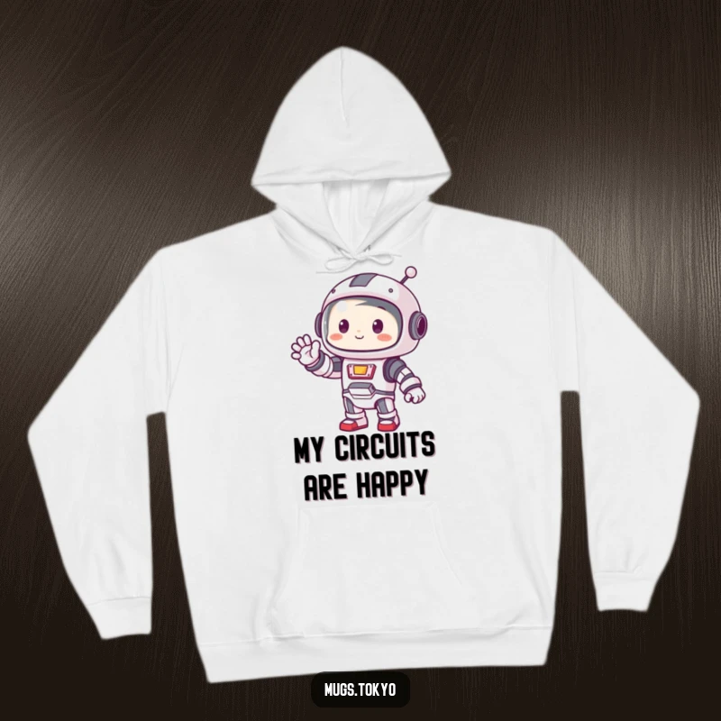 Funny hoodie depicting a cute character in a small robot costume, waving a friendly electronic greeting.