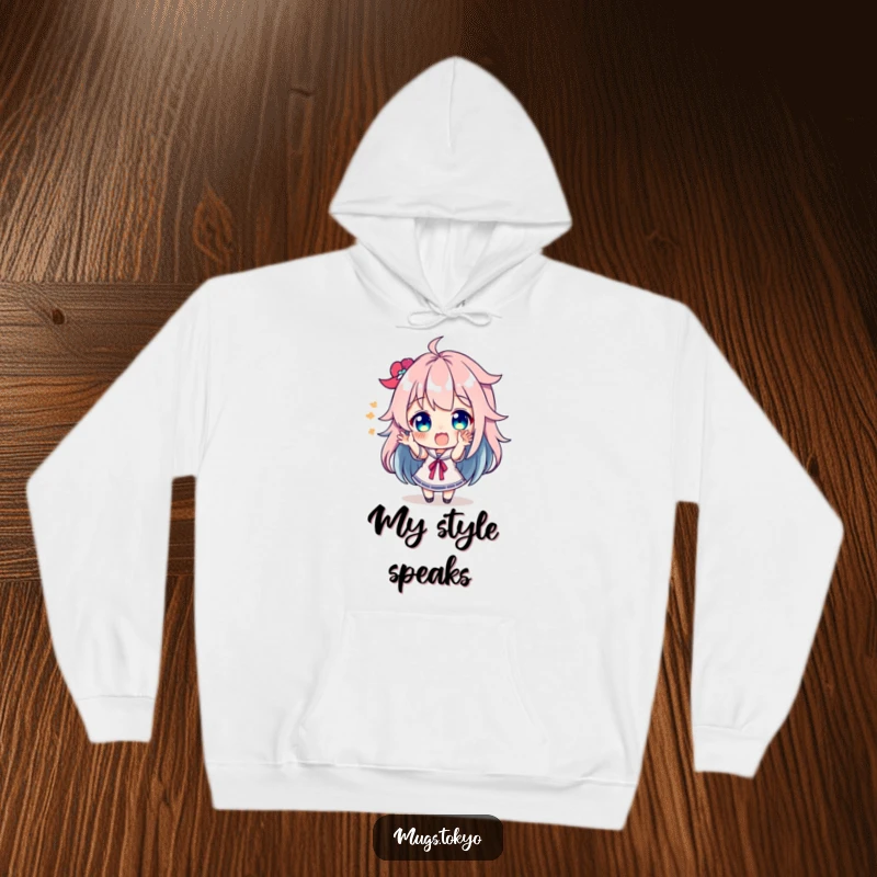 Funny character with bright, colorful hair making excited gestures on a cozy and humorous hoodie.