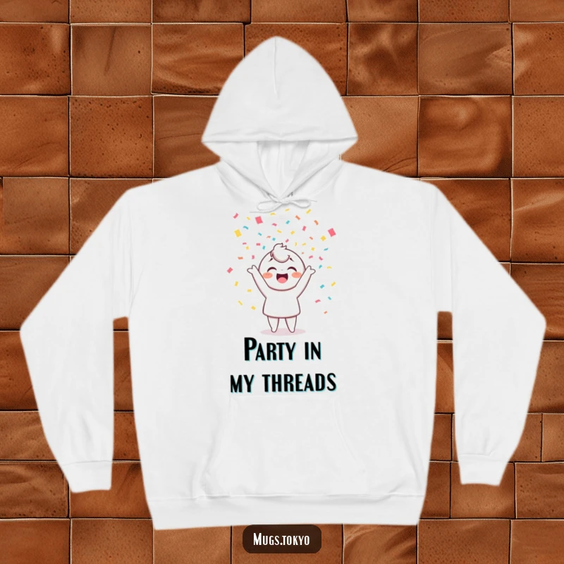 Funny hoodie featuring a cheerful character tossing colorful confetti, offering warmth and a delightful festive vibe.