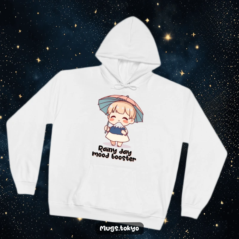 Funny hoodie with a cute character holding a miniature Mount Fuji umbrella, giggling adorably, perfect for cozy humor.