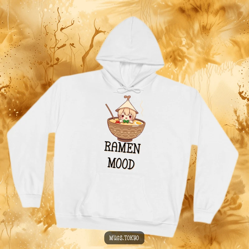 Funny hoodie with a cute character in a paper hat peeking from a ramen bowl, offering warmth and noodle-themed humor.