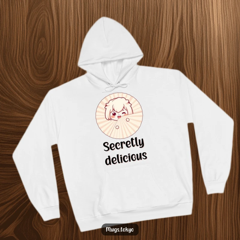 Funny bento box hoodie with a smiling character excitedly peeking from behind a large paper fan, offering warmth and humor.