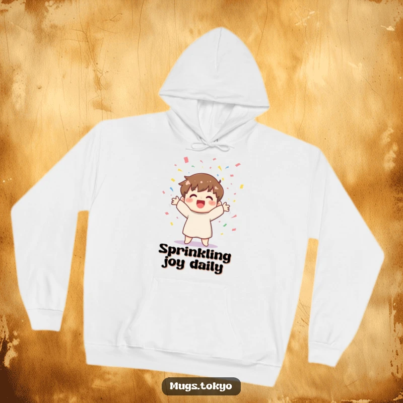 Funny hoodie with a cheerful character joyfully tossing colorful confetti, offering warmth and a festive vibe.