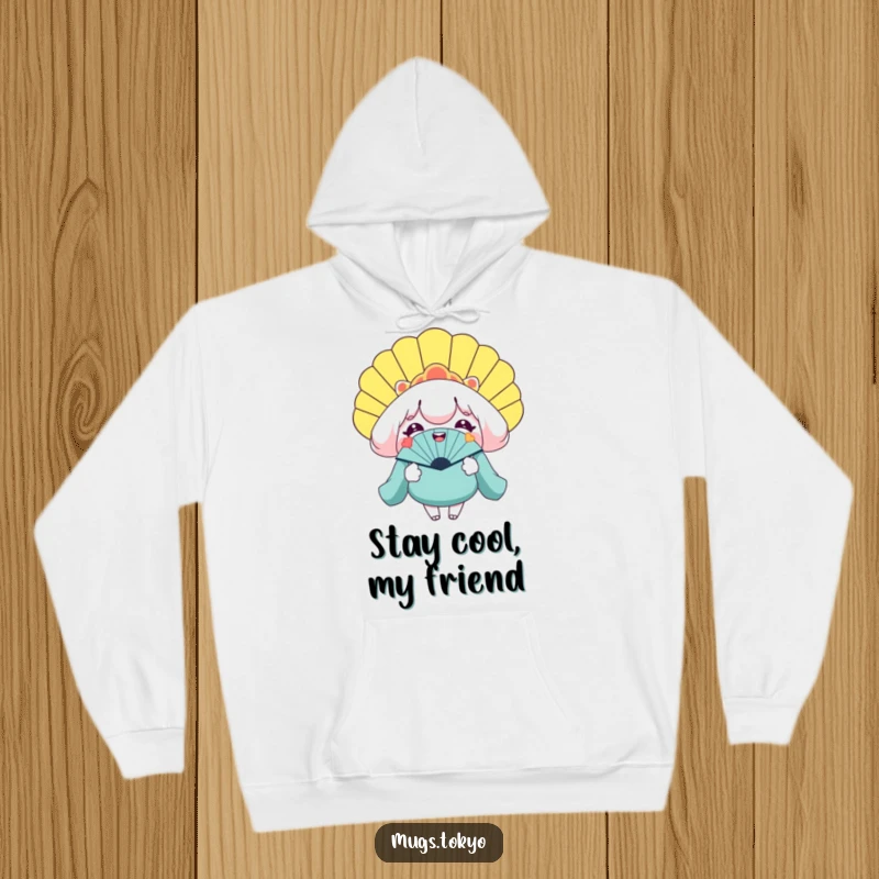 Funny hoodie with a smiling character holding a gigantic novelty fan, symbolizing cool comfort and humor.