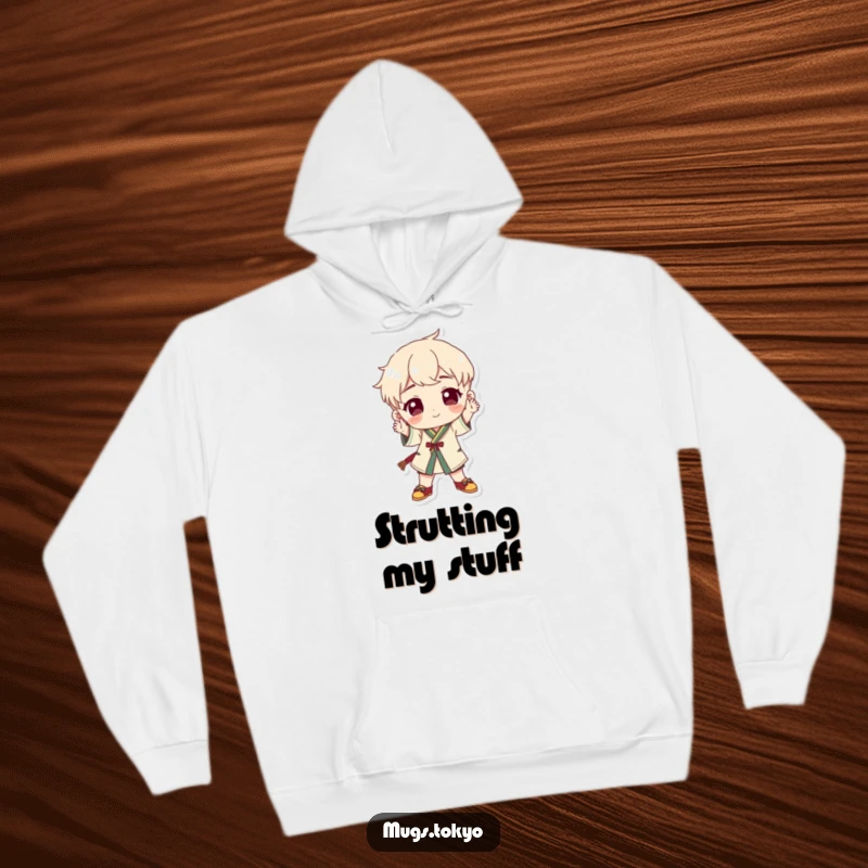 Funny character wearing traditional footwear striking a playful pose on a cozy and humorous hoodie.