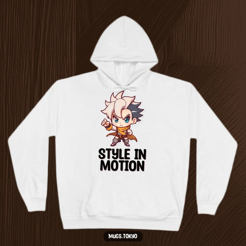 Funny hoodie with a determined character, stylish haircut, striking a dynamic pose. Warm, comfortable, and humorous.