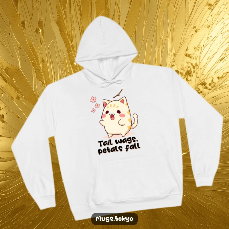 Funny hoodie depicting a surprised taiyaki character with a wagging tail, narrowly missing a falling cherry blossom, capturing a hilarious moment.