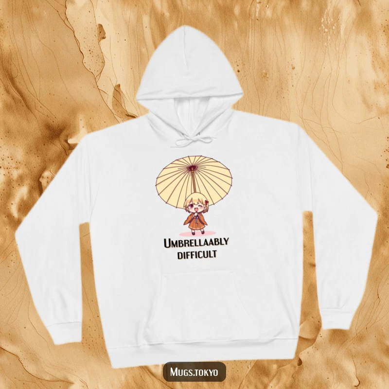 Funny umbrella struggle hoodie, a character comically wrestling an oversized Japanese umbrella, offering warmth and humorous relatability.