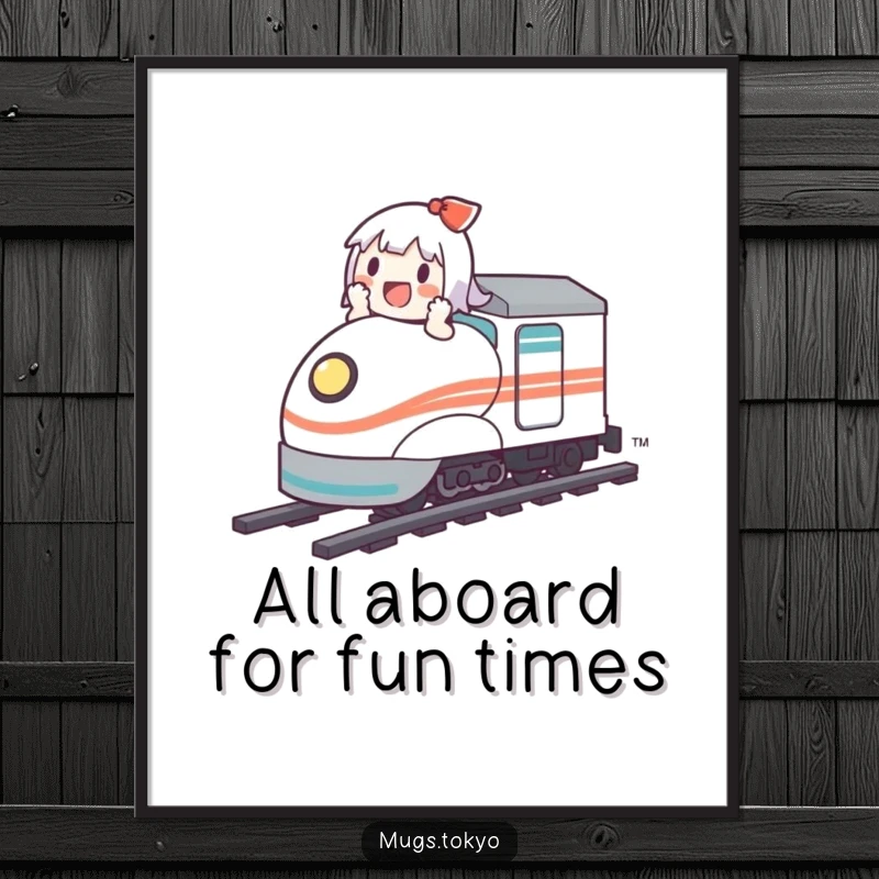 Funny Free Printable Wall Art: A cute character joyfully speeds along on a miniature bullet train, bringing whimsical energy to any room.