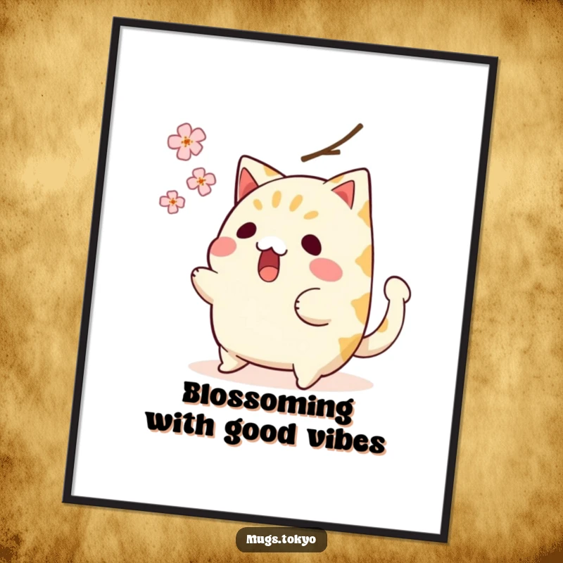 Funny Free Printable Wall Art: A shocked taiyaki character with a wagging tail narrowly avoids a falling cherry blossom.