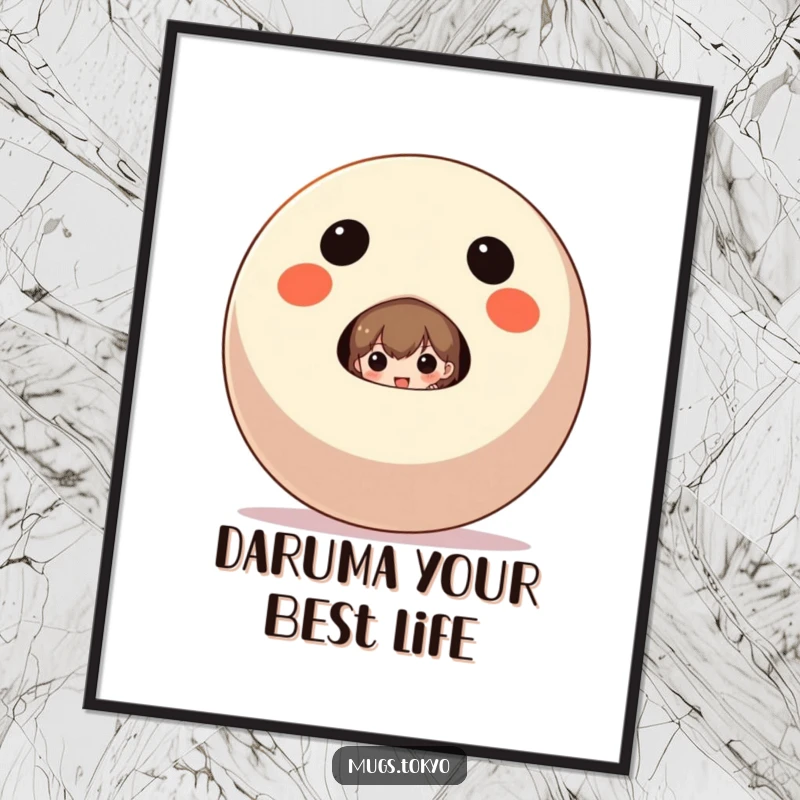 Funny Free Printable Wall Art: Character playfully peeking from behind a large, iconic Daruma doll, creating a whimsical and eye-catching scene.