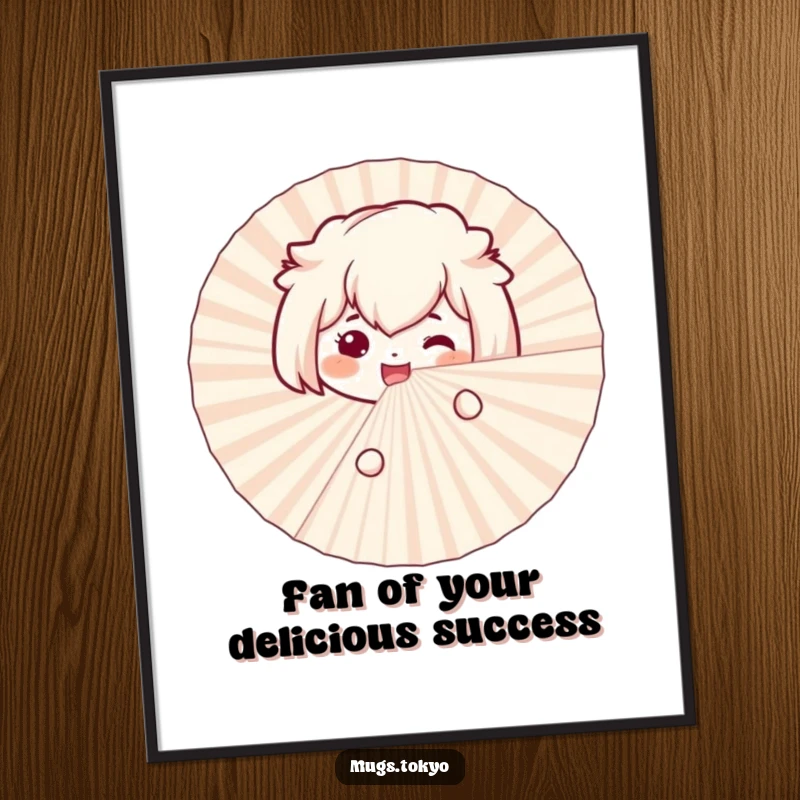 Funny Free Printable wall art: A smiling bento box character peeking with excitement from behind a large paper fan.