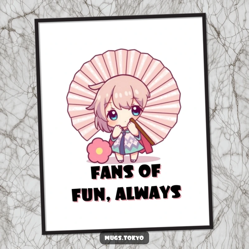 Funny Free Printable Wall Art: Character playfully hiding behind a large fan decoration, peeking out with a mischievous expression.