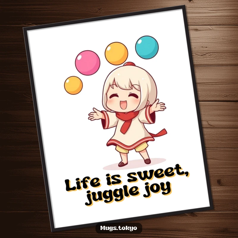 Funny Free Printable Wall Art: A character playfully juggling three colorful dango balls with a cheerful expression.