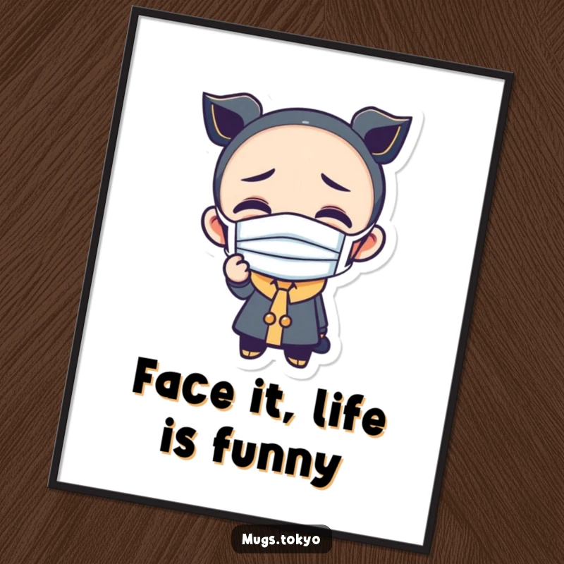 Funny Free Printable Wall Art: A character wearing a tiny mask making a hilarious and exaggerated funny face.