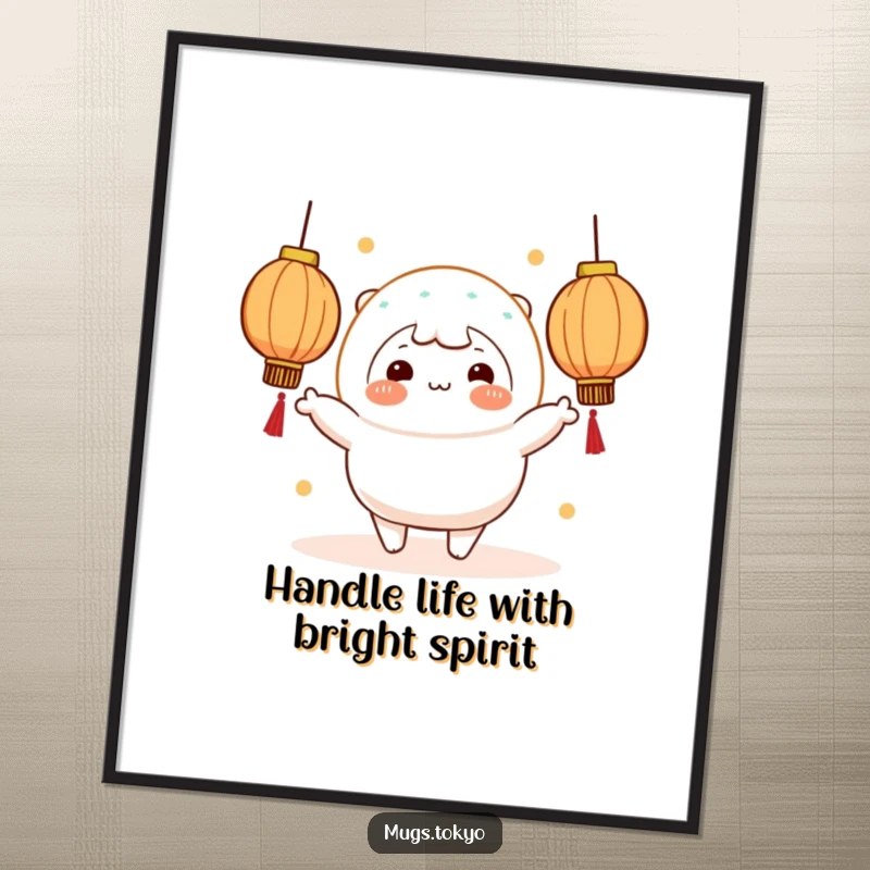 Funny free printable wall art depicting a rosy-cheeked mochi character energetically juggling several bright, glowing lanterns.