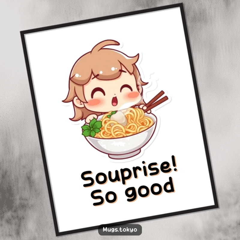 Funny Free Printable Wall Art: Character with a comically surprised expression staring at a steaming bowl of delicious noodles.