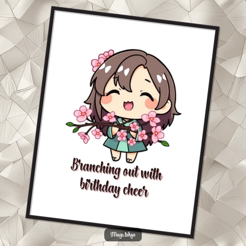 Funny Free Printable Wall Art: A serene character with a gentle smile holds a stylized cherry blossom branch, exuding tranquility.