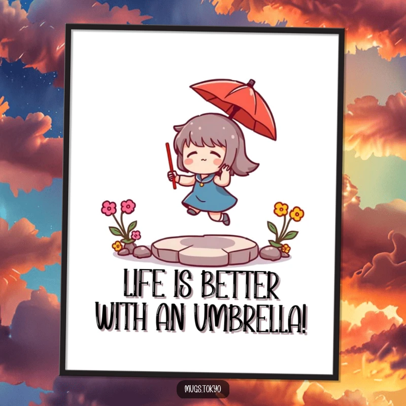 Funny Free Printable Wall Art of a character energetically bouncing a small red umbrella, adding a quirky and cheerful vibe.