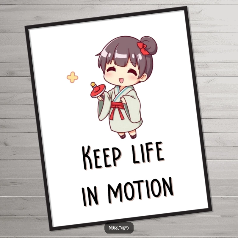 Funny Free Printable Wall Art: Character wearing a yukata, happily spinning a traditional spinning top, evoking nostalgia and joy.