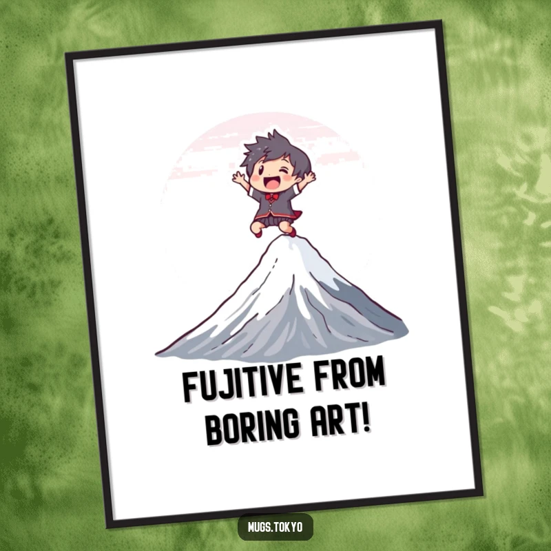 Funny Free Printable Wall Art: A character joyfully leaping over a stylized depiction of Mount Fuji, full of energy.