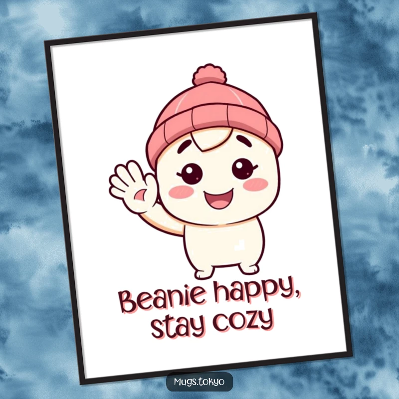 Funny Free Printable Wall Art: Smiling Character in Tiny Beanie Waving a Friendly Hello