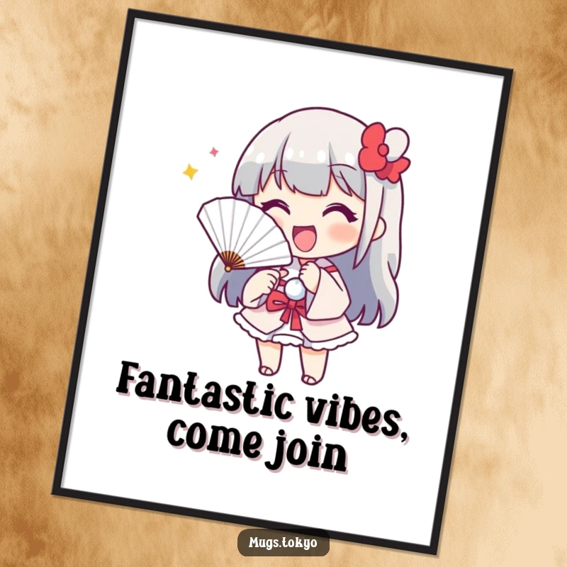 Funny Free Printable Wall Art: Cheerful Character Playfully Beckoning with a Paper Fan