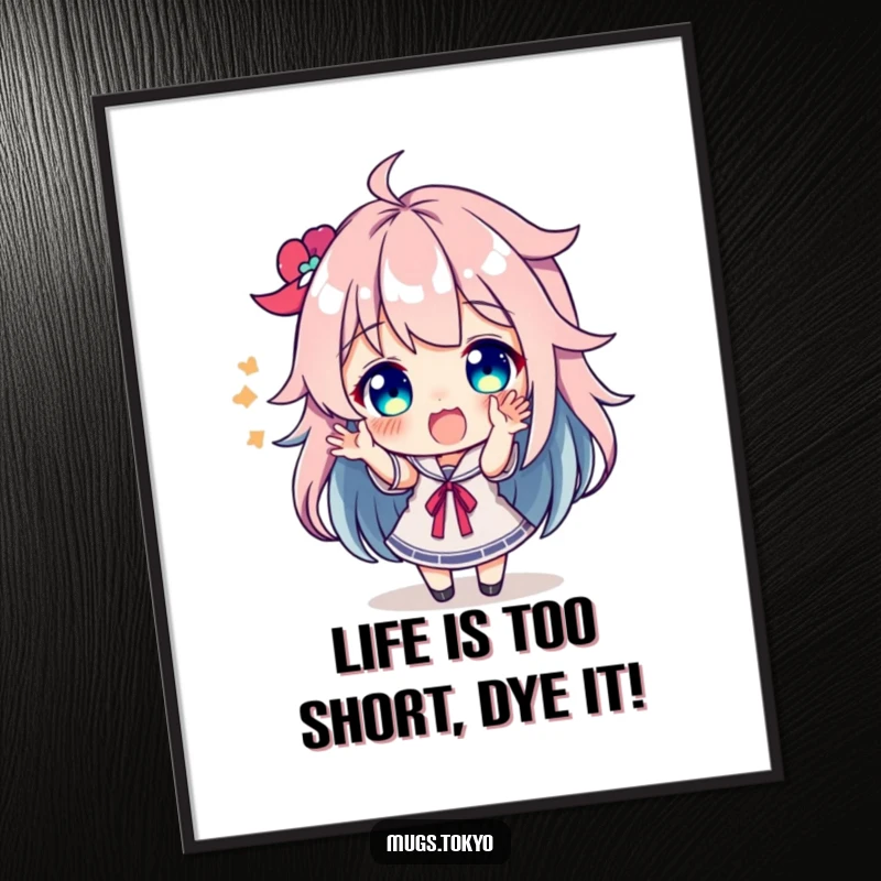 Funny free printable wall art: A character with strikingly colorful hair gestures excitedly with pure joy.