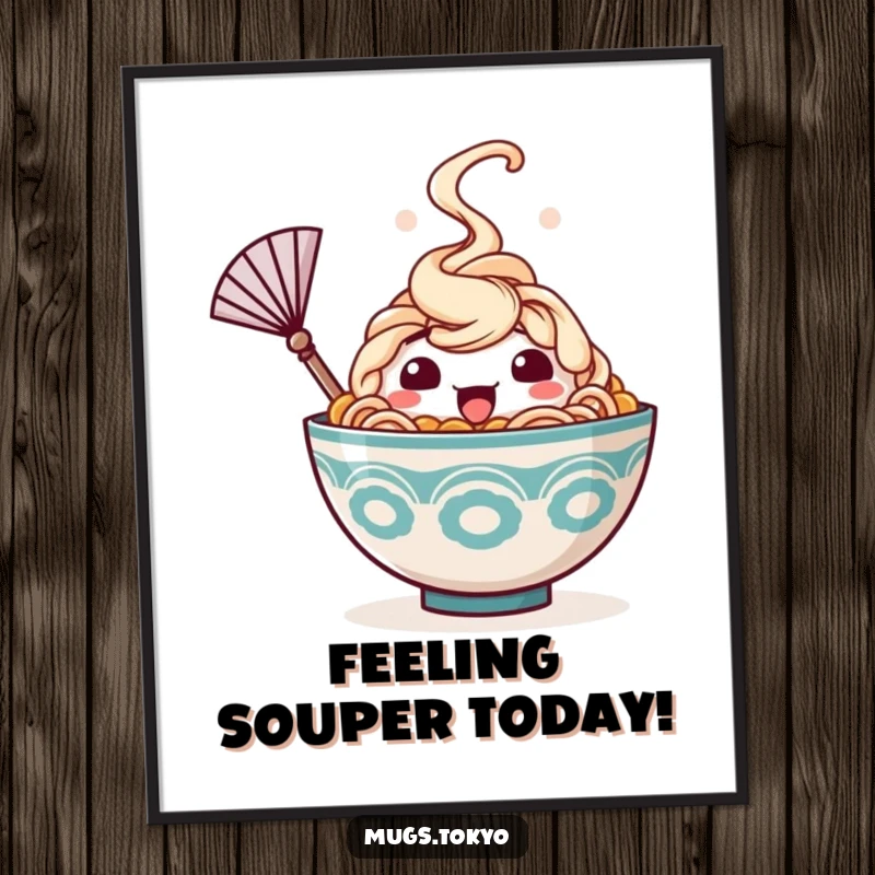 Funny Free Printable Wall Art: A happy ramen bowl character with steam rising waves a tiny fan, looking cool and relaxed.